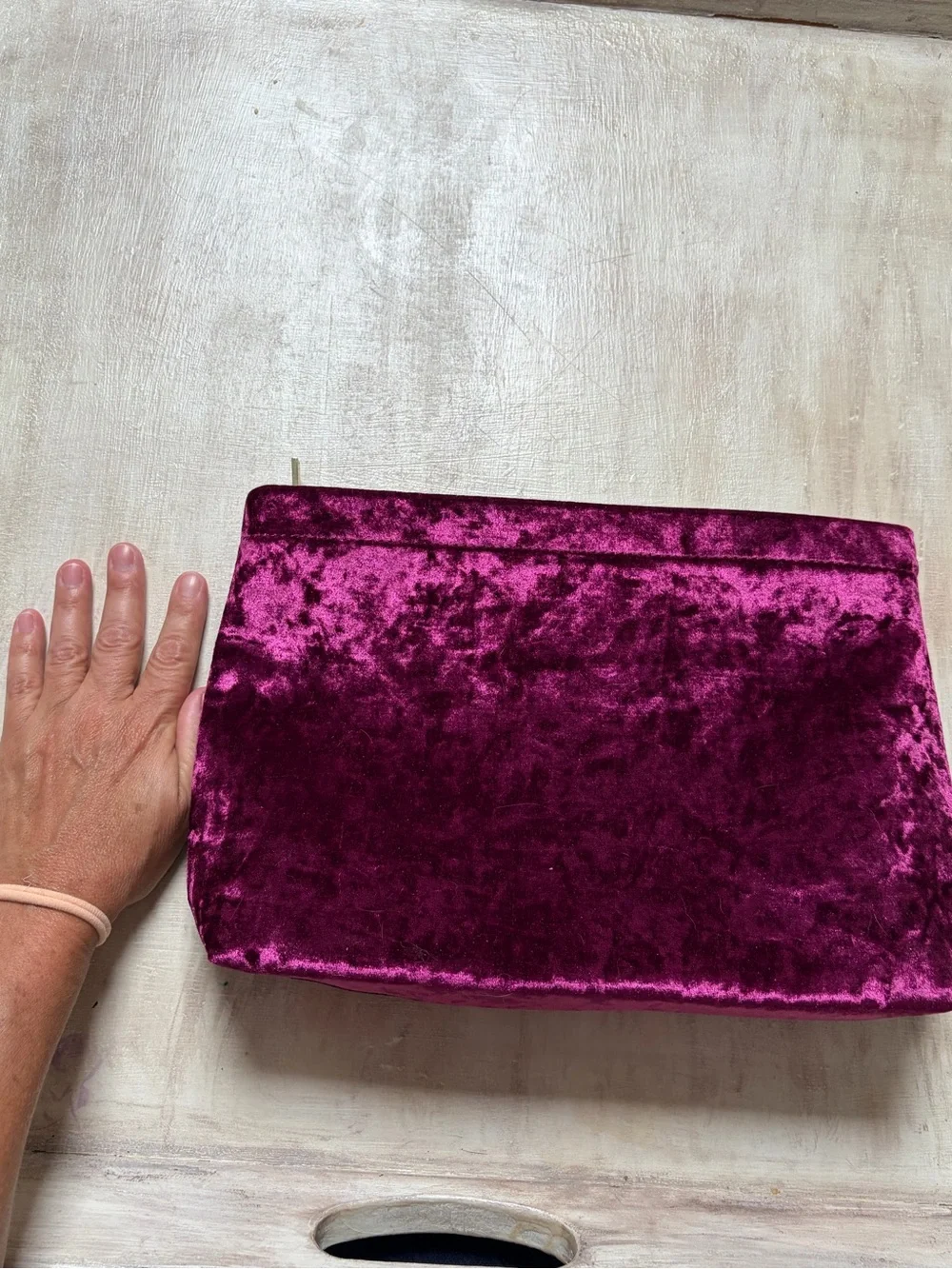 Katie Loxton magenta crushed velvet pouch bag